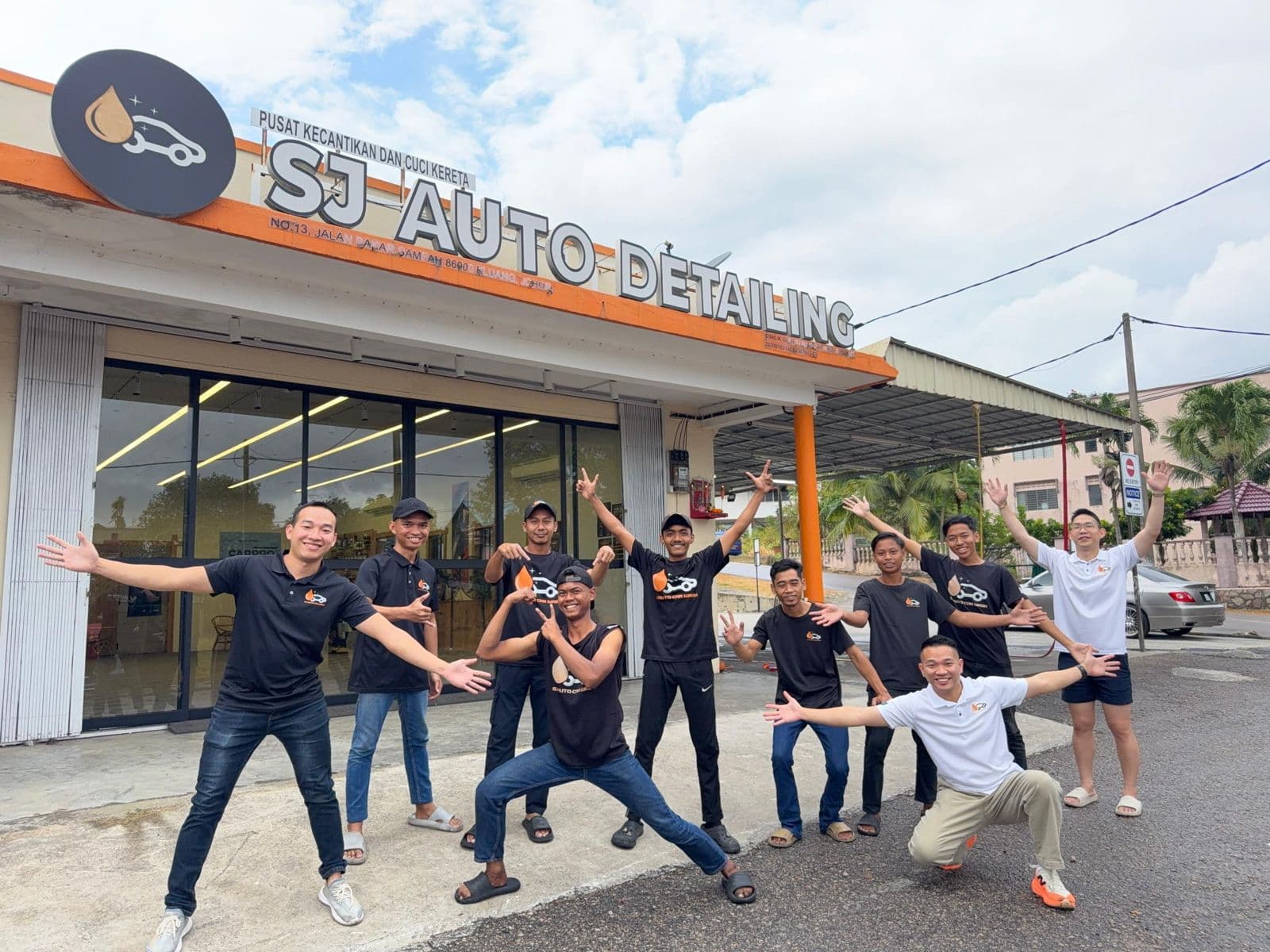 The SJ Auto Detailing team in front of the shop on Jalan Bakar Sampah, Kluang